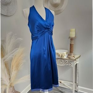 Ann Taylor Royal Blue V-neck Gathered Waist Sleeveless Silk Knee Length Dress